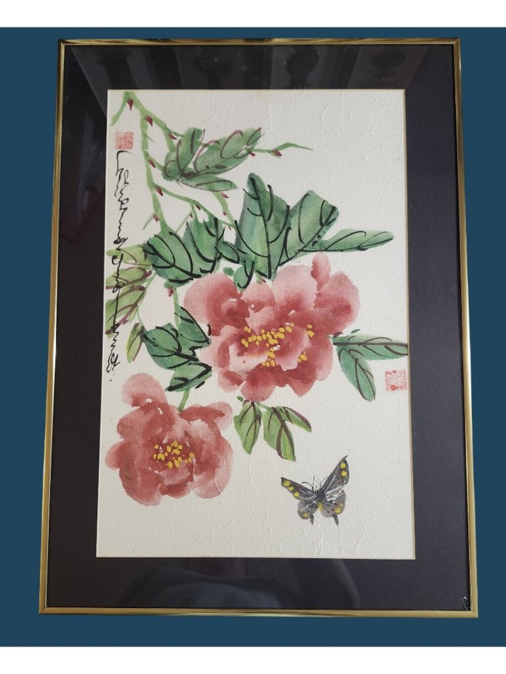 Large Watercolor Painting on Paper, Roses Flowers Framed 23x16.5"